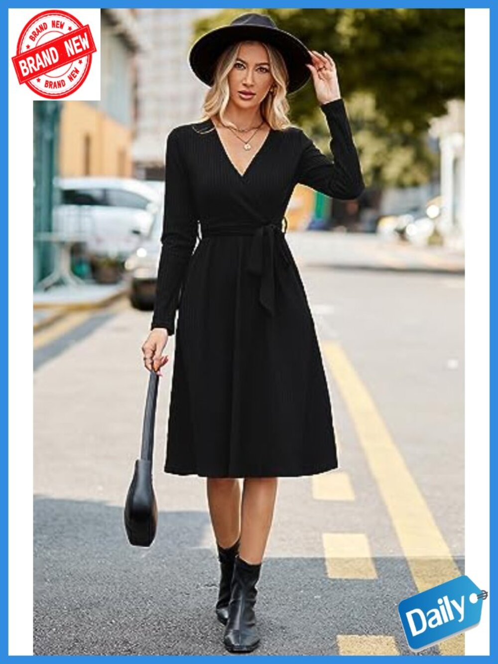 Ribbed Knit Sweater Dress Long Sleeve V-Neck Tie Waist Midi Dresses for Women - Picture 4 of 6